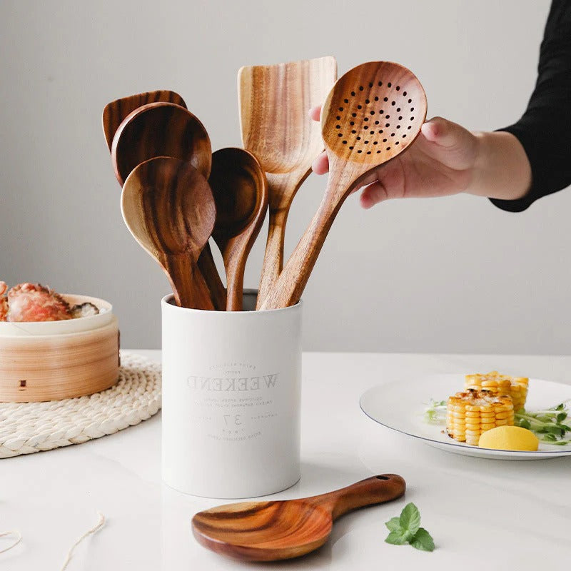 Natural Teak Wood Kitchen Utensil Set with Ergonomic Design | Durable Cooking Tools for Non-Stick Cookware