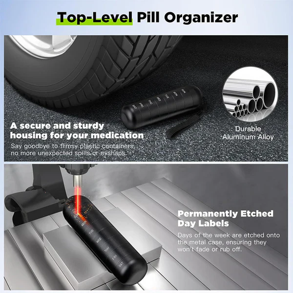 Portable 7-Day Pill Organizer | Aluminum Travel Pill Case with Waterproof Design for Easy Daily Access