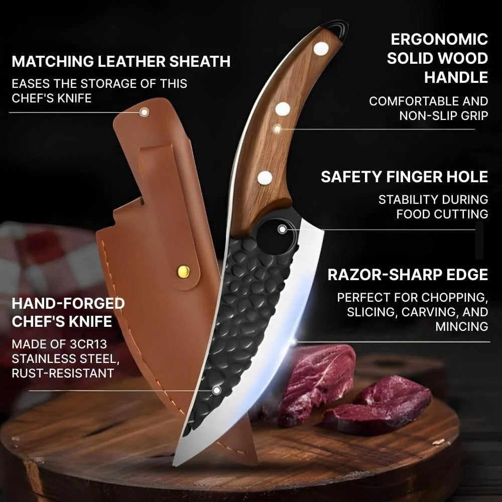 Traditional Kitchen Knife | Carbon Steel Utility Knife with Ergonomic Cherry Wood Handle | Perfect for Slicing and Cutting