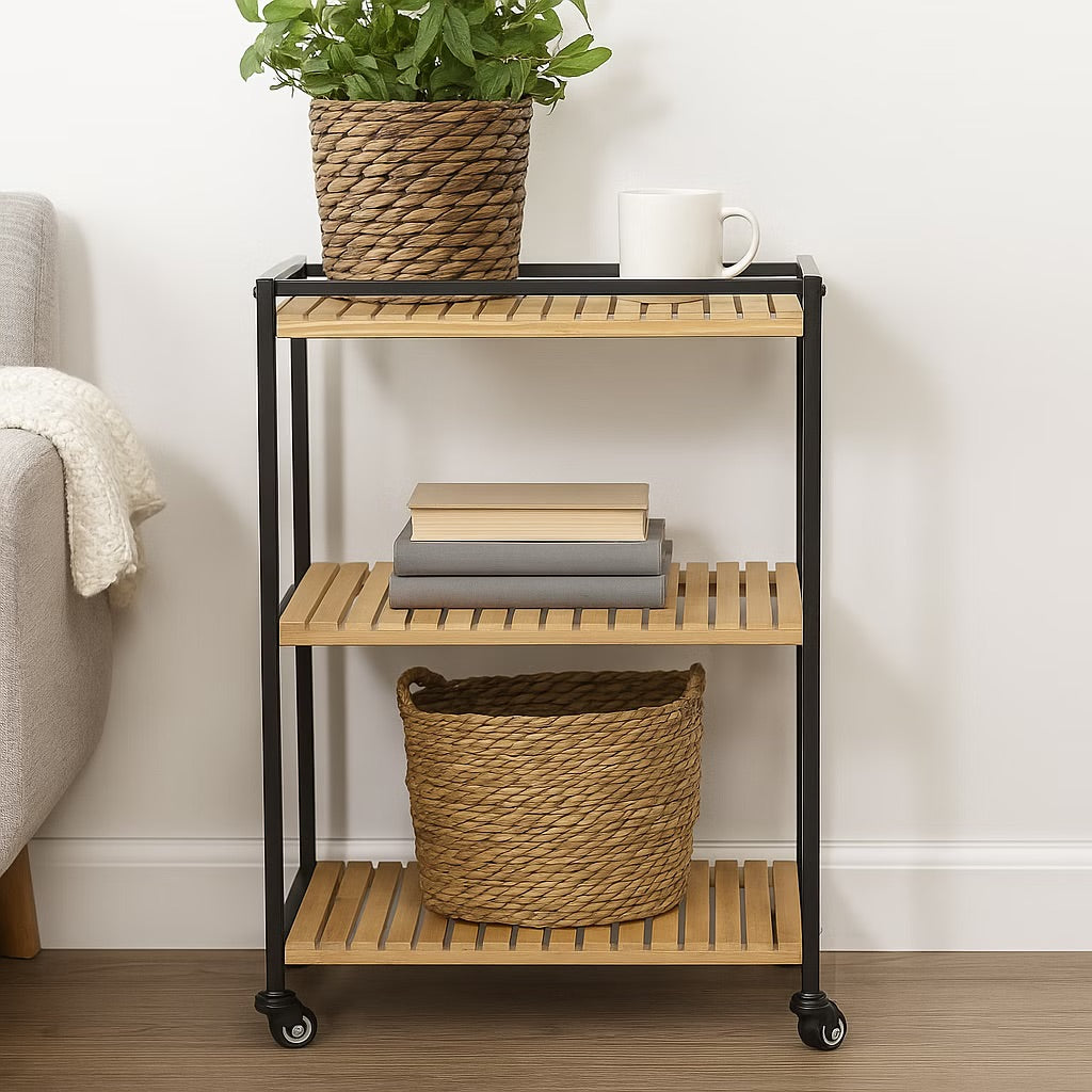 Bamboo Trolley | 3-Tier Utility Cart on Wheels with Natural Finish | Space-Saving Storage Solution for Home Organization