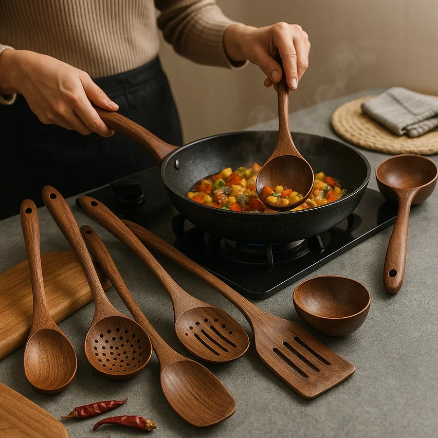 Natural Teak Wood Kitchen Utensil Set with Ergonomic Design | Durable Cooking Tools for Non-Stick Cookware