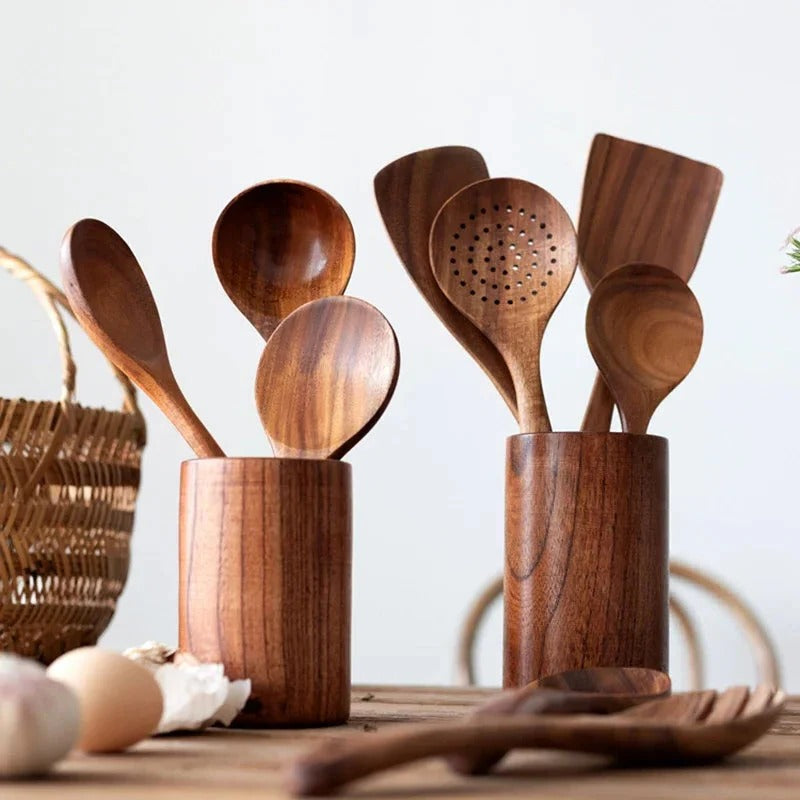 Natural Teak Wood Kitchen Utensil Set with Ergonomic Design | Durable Cooking Tools for Non-Stick Cookware