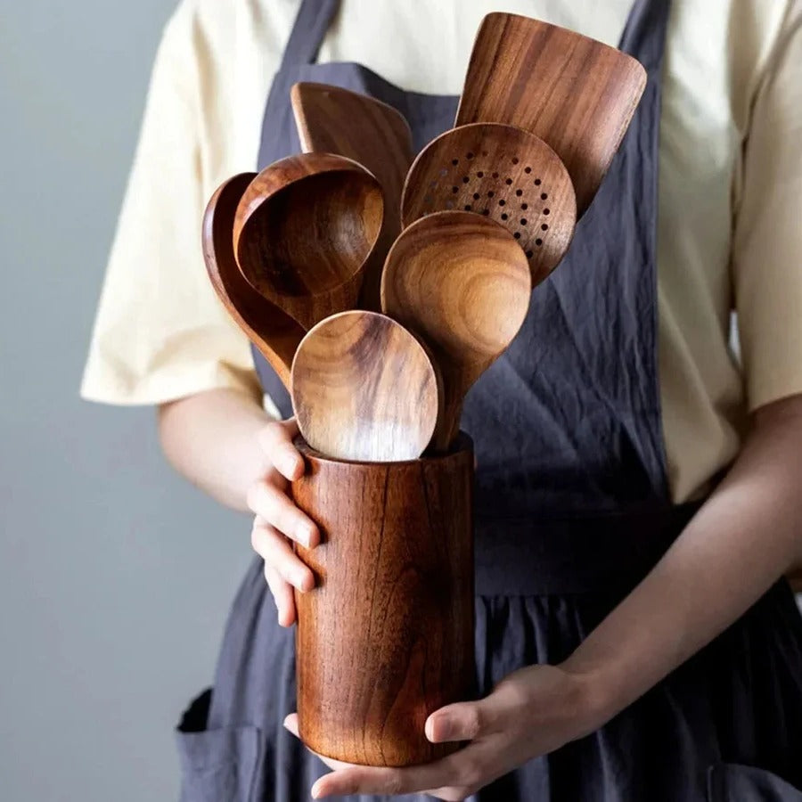 Natural Teak Wood Kitchen Utensil Set with Ergonomic Design | Durable Cooking Tools for Non-Stick Cookware