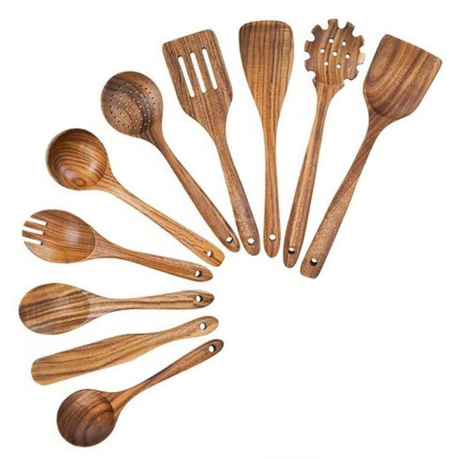 Natural Teak Wood Kitchen Utensil Set with Ergonomic Design | Durable Cooking Tools for Non-Stick Cookware
