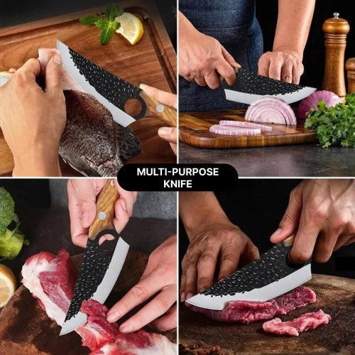 Traditional Kitchen Knife | Carbon Steel Utility Knife with Ergonomic Cherry Wood Handle | Perfect for Slicing and Cutting
